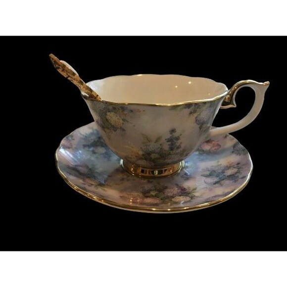 Lena Lius Glorious Chintz Teacup, Saucer & Spoon Treasured Purple Floral w/ COA - Picture 1 of 9